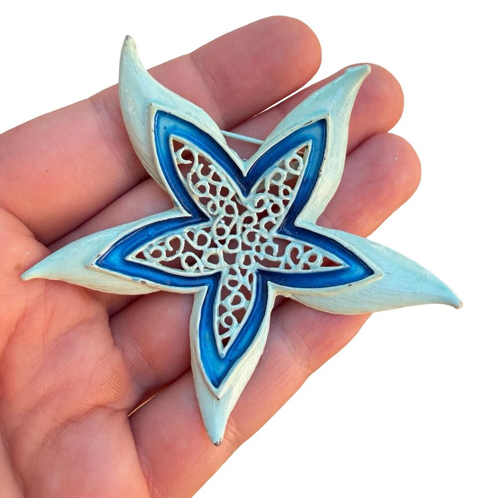 Vintage Enamel Starfish Brooch Blue Flower Pin